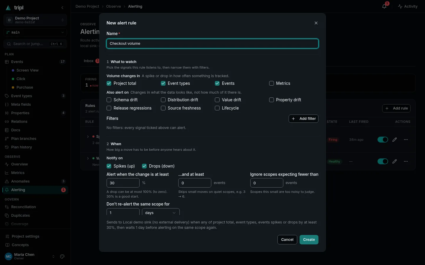 The New alert rule dialog: what to watch, when, and the cooldown