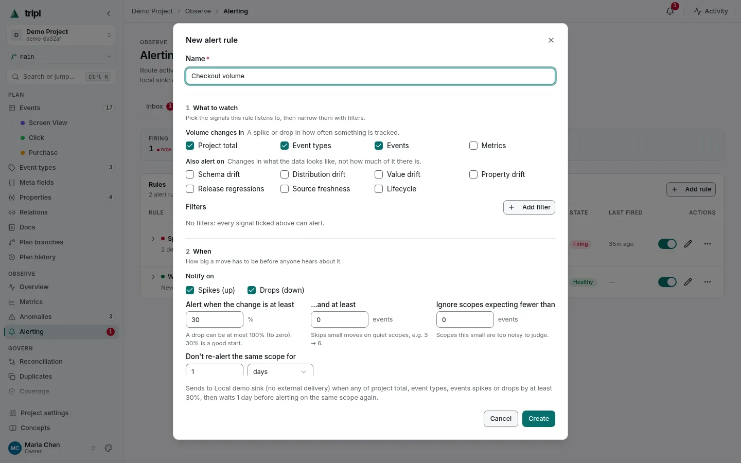 The New alert rule dialog: what to watch, when, and the cooldown