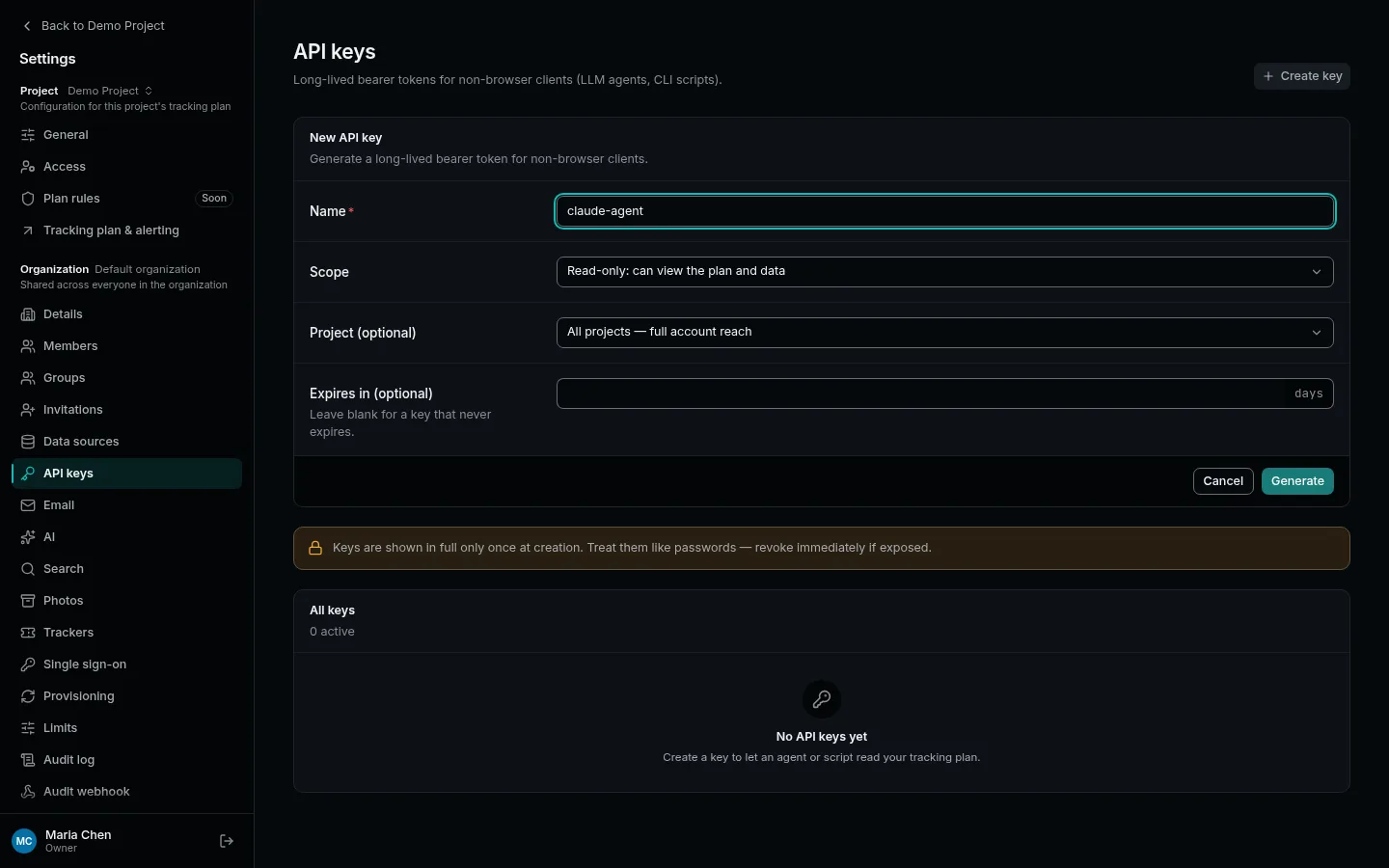 Settings → API keys: a new key's name, scope, project and expiry