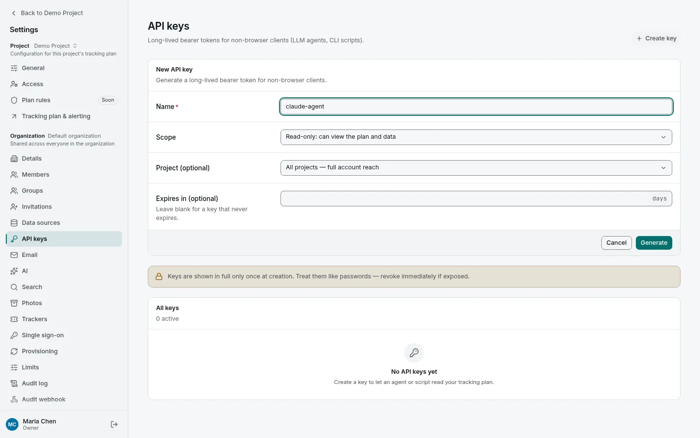 Settings → API keys: a new key's name, scope, project and expiry
