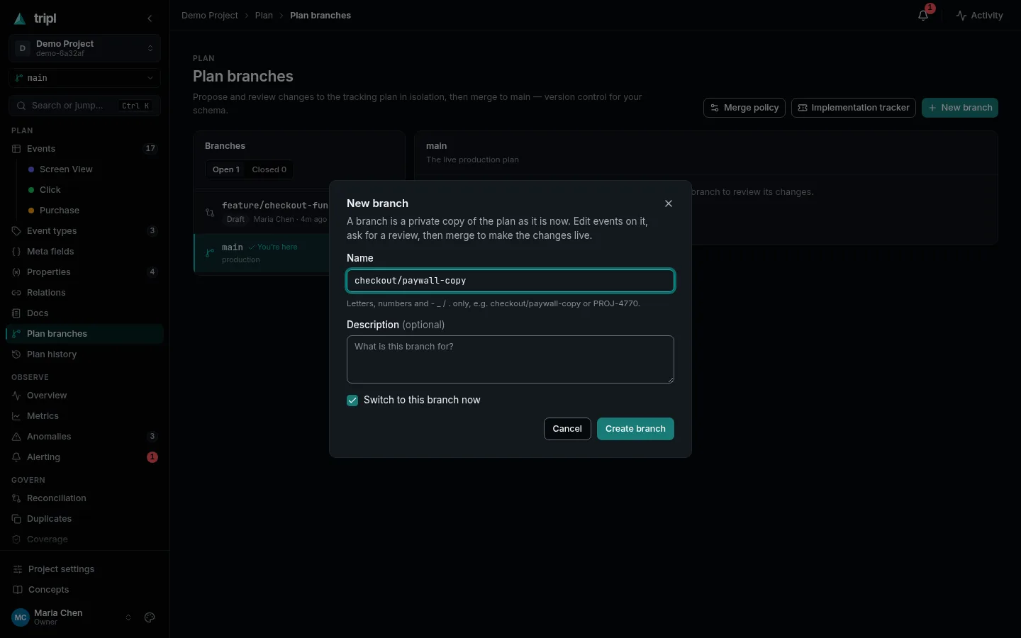 The New branch dialog with a branch name typed in