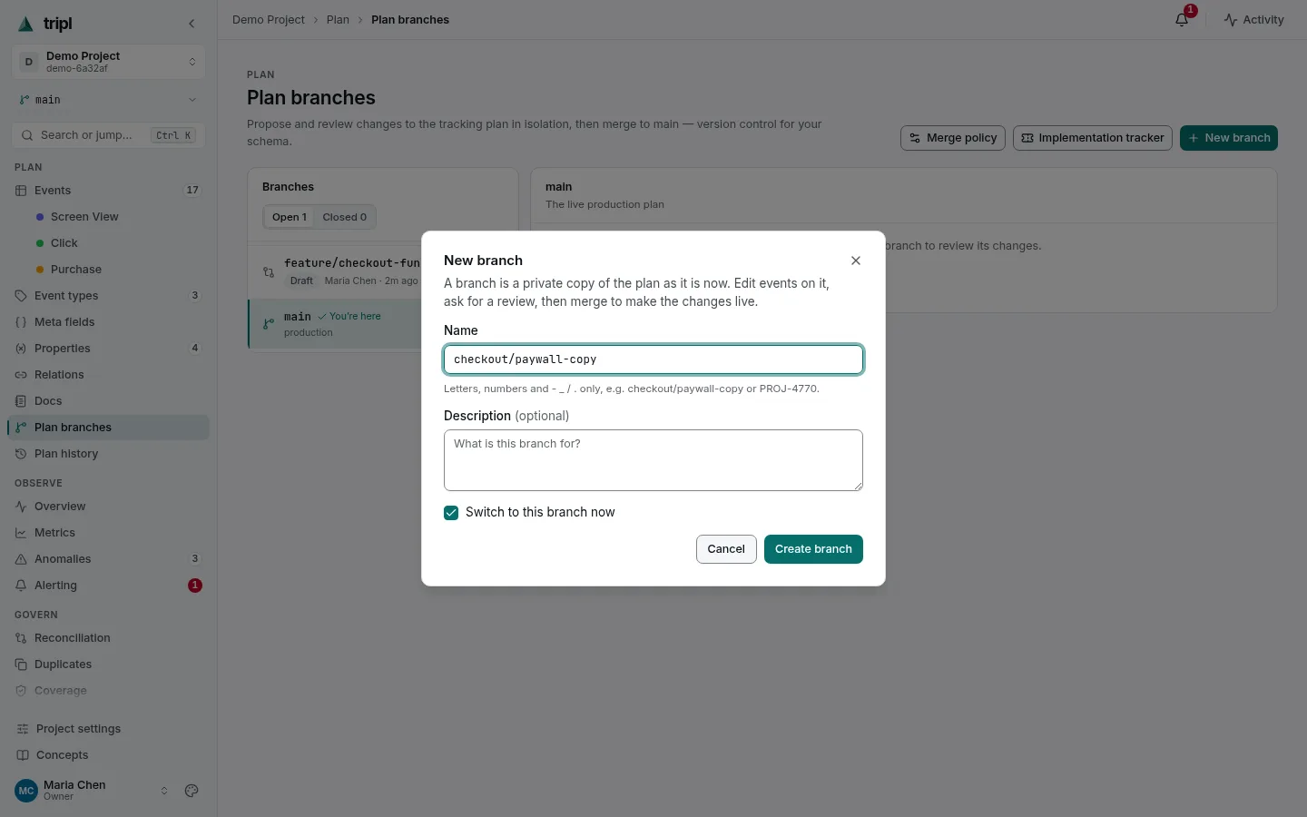 The New branch dialog with a branch name typed in