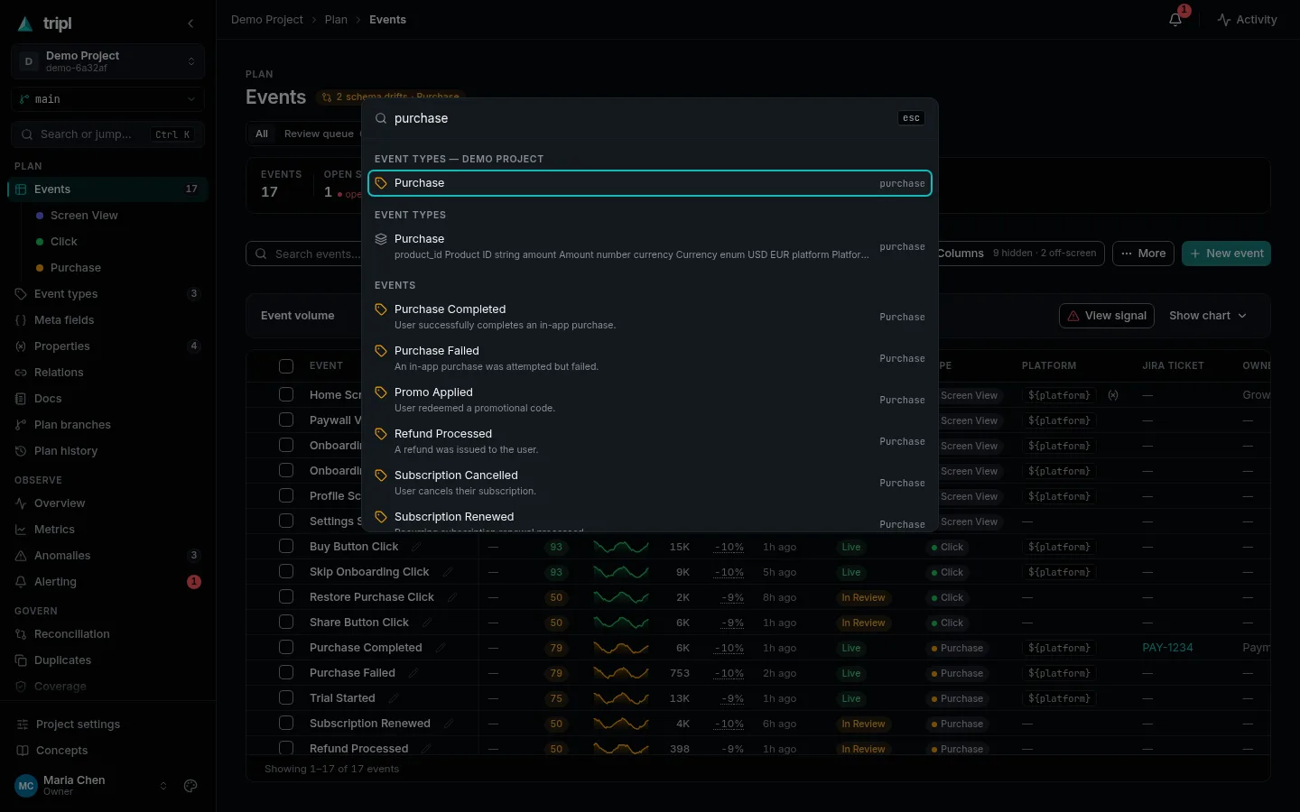 Search or jump: typing finds events, tags, branches and pages