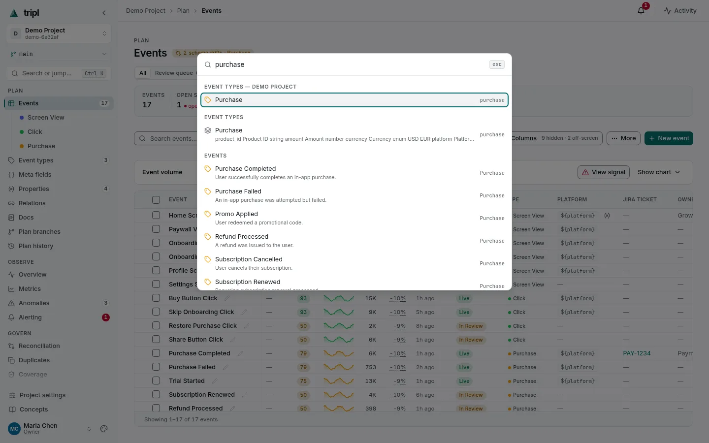 Search or jump: typing finds events, tags, branches and pages