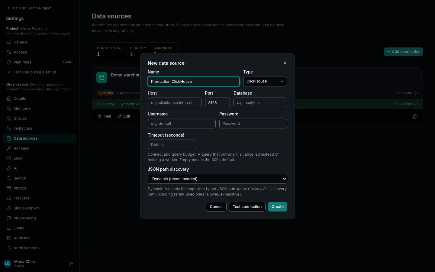The New data source dialog, with the fields for ClickHouse