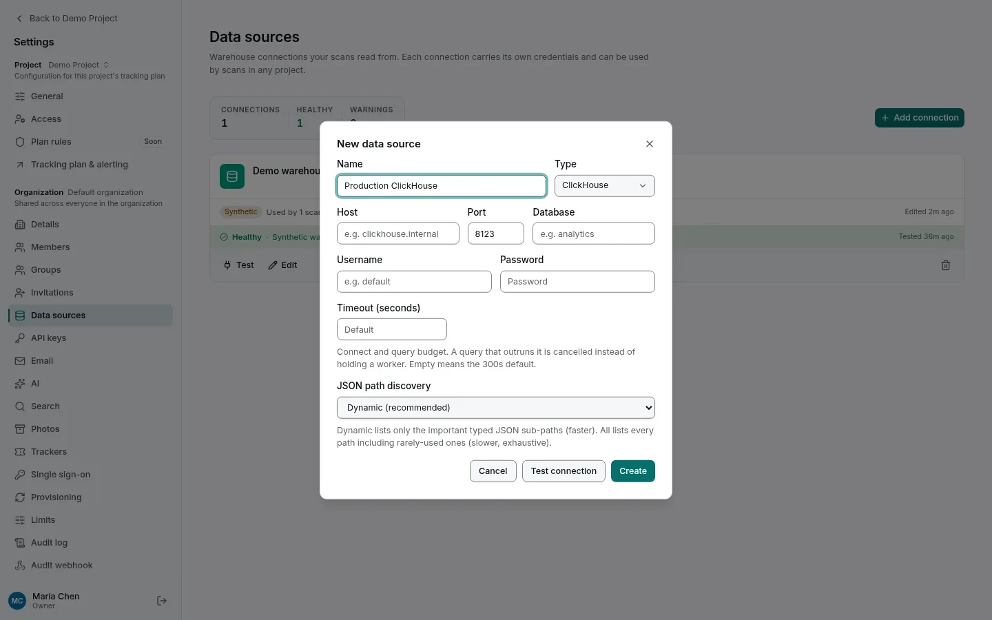 The New data source dialog, with the fields for ClickHouse