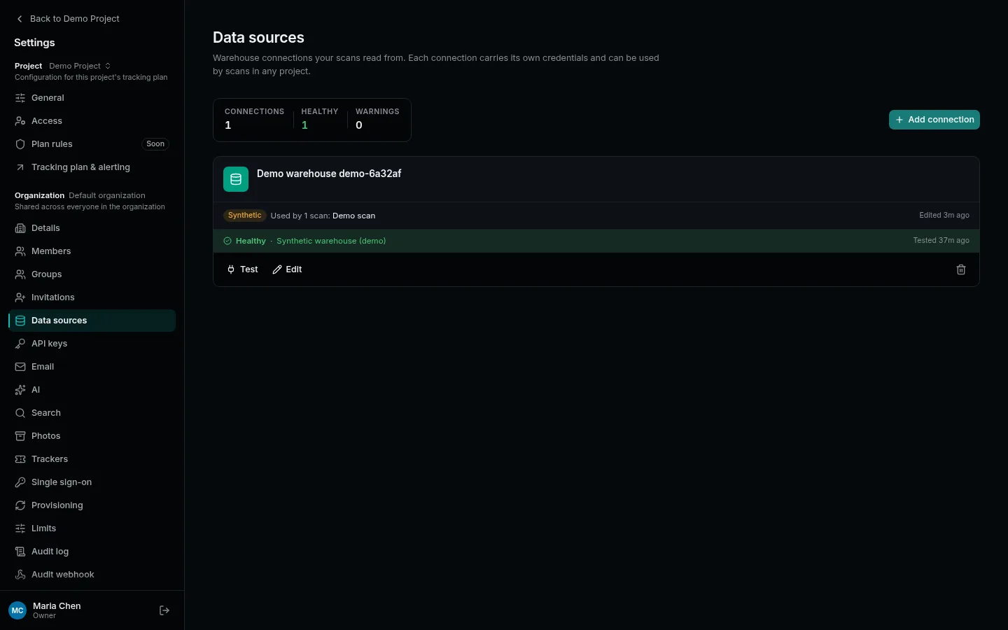 Settings → Data sources, with one healthy connection and the Add connection button