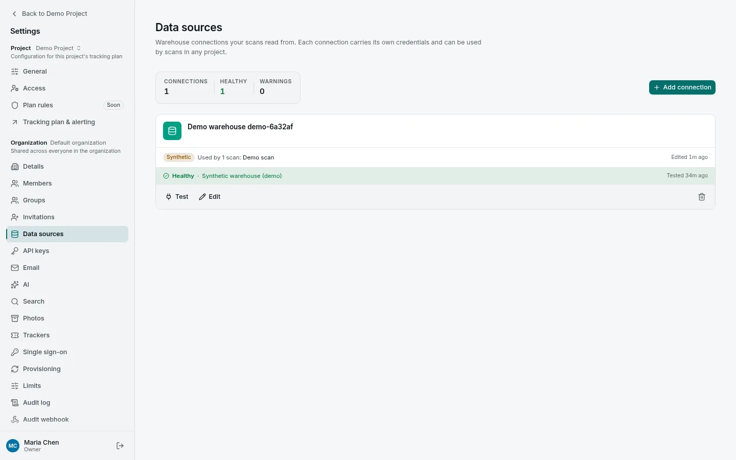 Settings → Data sources, with one healthy connection and the Add connection button