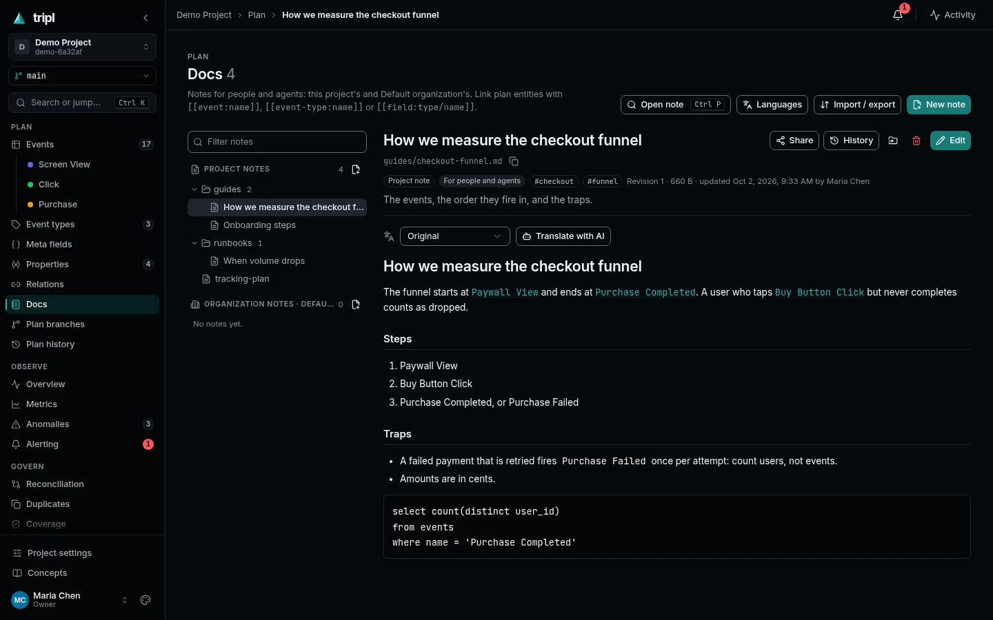 A note in Docs, with links to events and the language switch above it