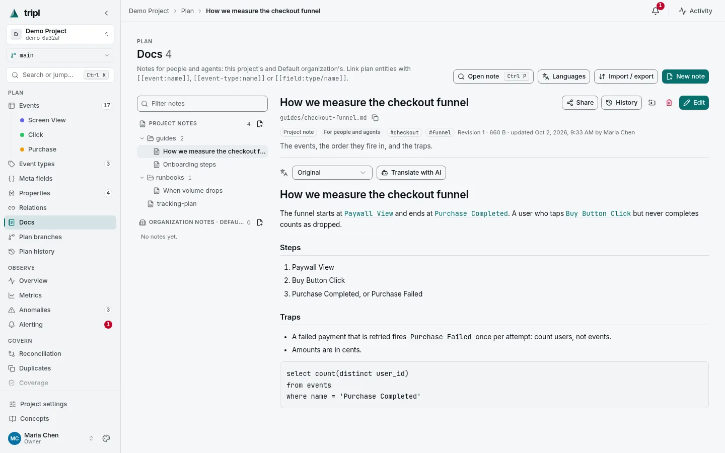 A note in Docs, with links to events and the language switch above it