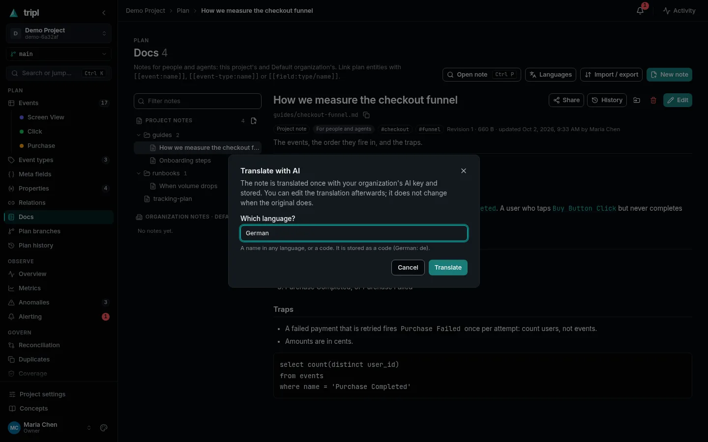 The Translate with AI dialog asking which language