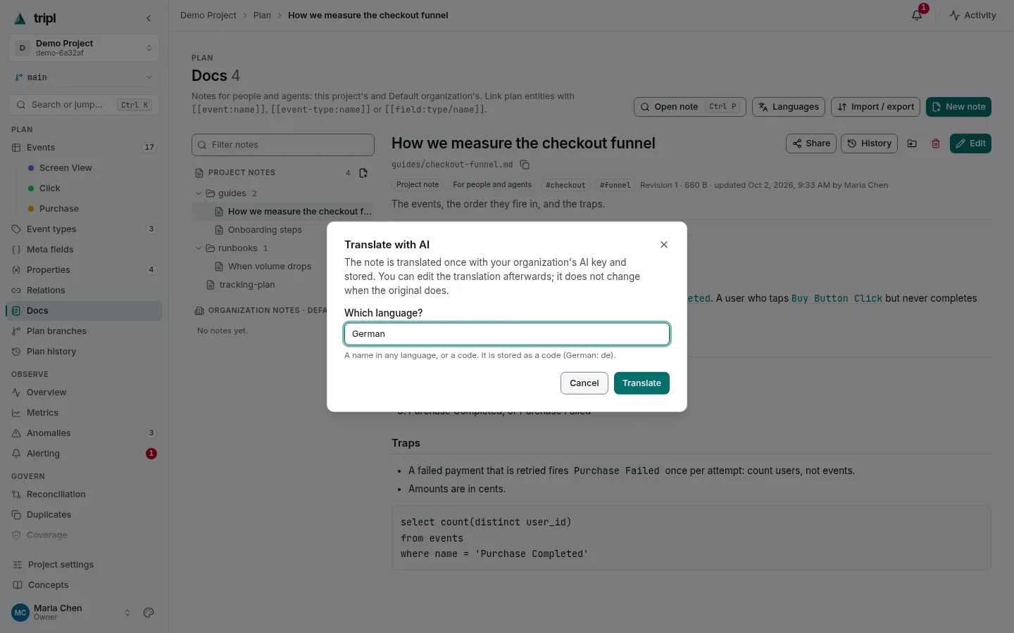 The Translate with AI dialog asking which language