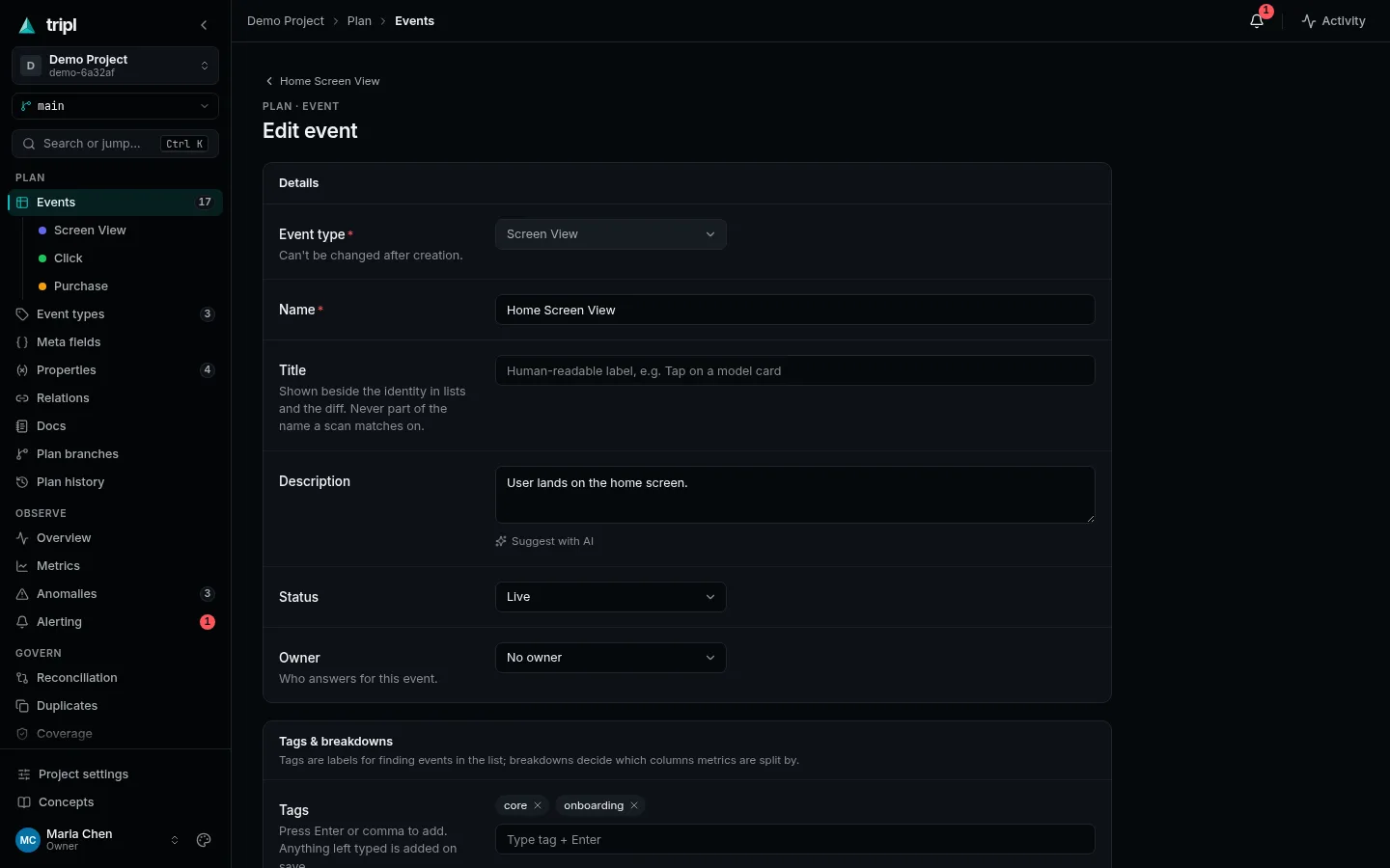 The event form: event type, name, title, description, status and owner