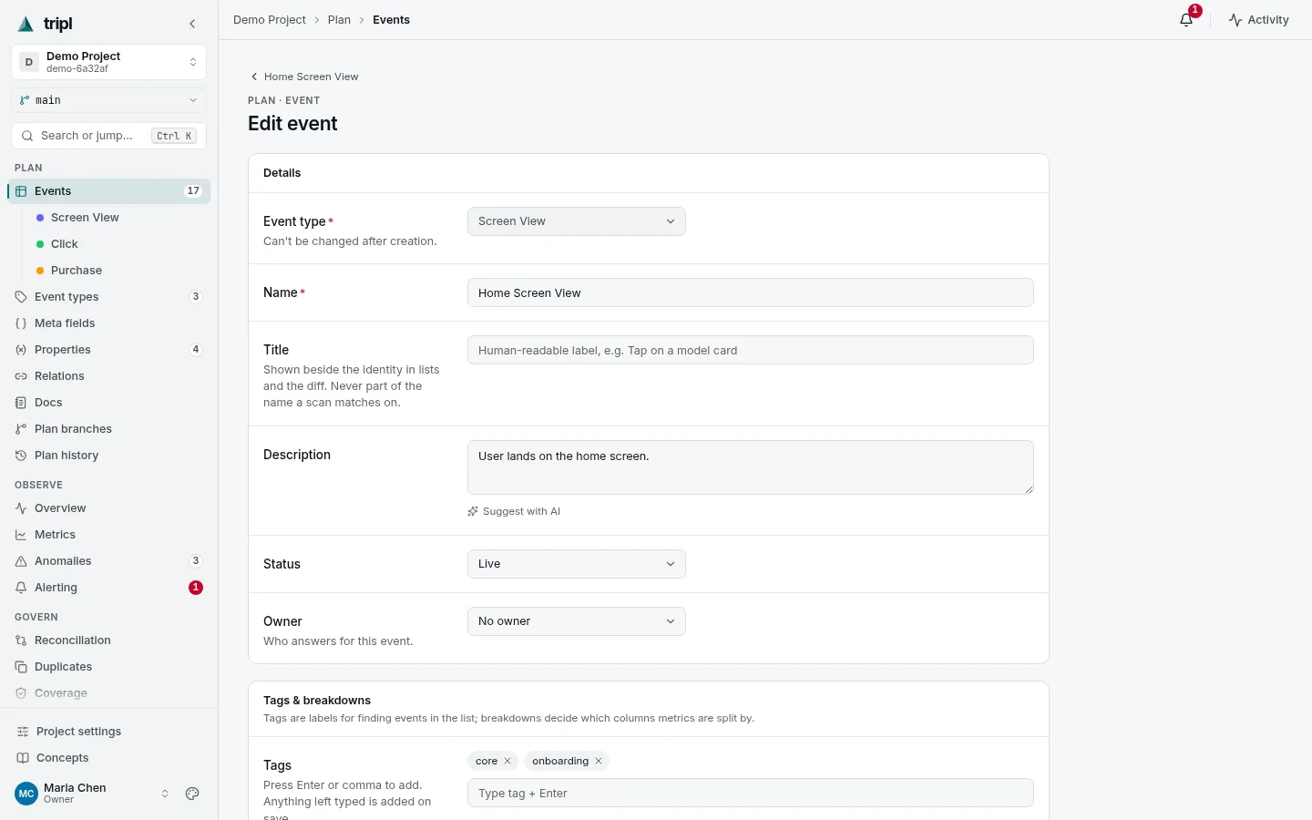 The event form: event type, name, title, description, status and owner