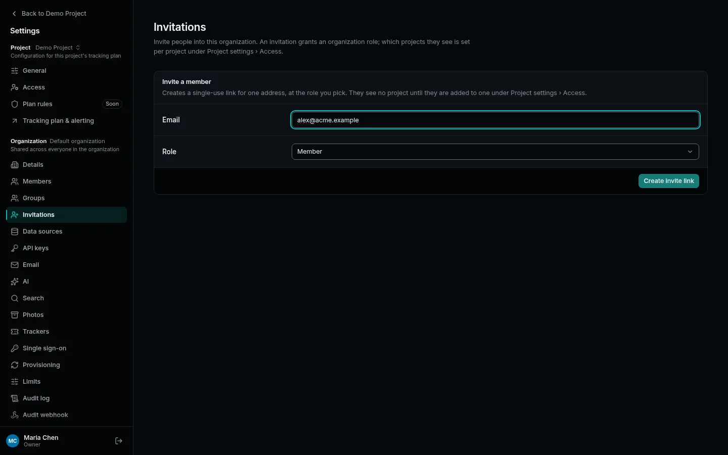 Settings → Invitations: email address and organization role