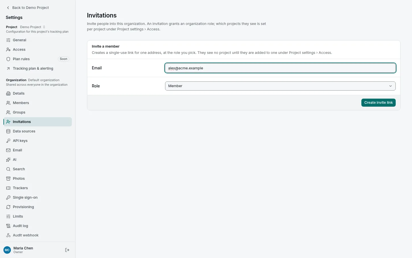 Settings → Invitations: email address and organization role