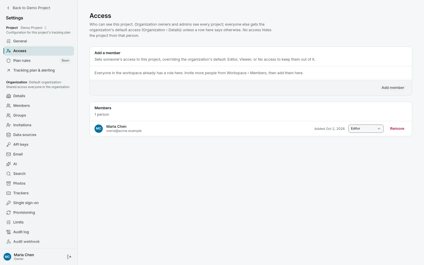 Project settings → Access: who can see this project, and in which role