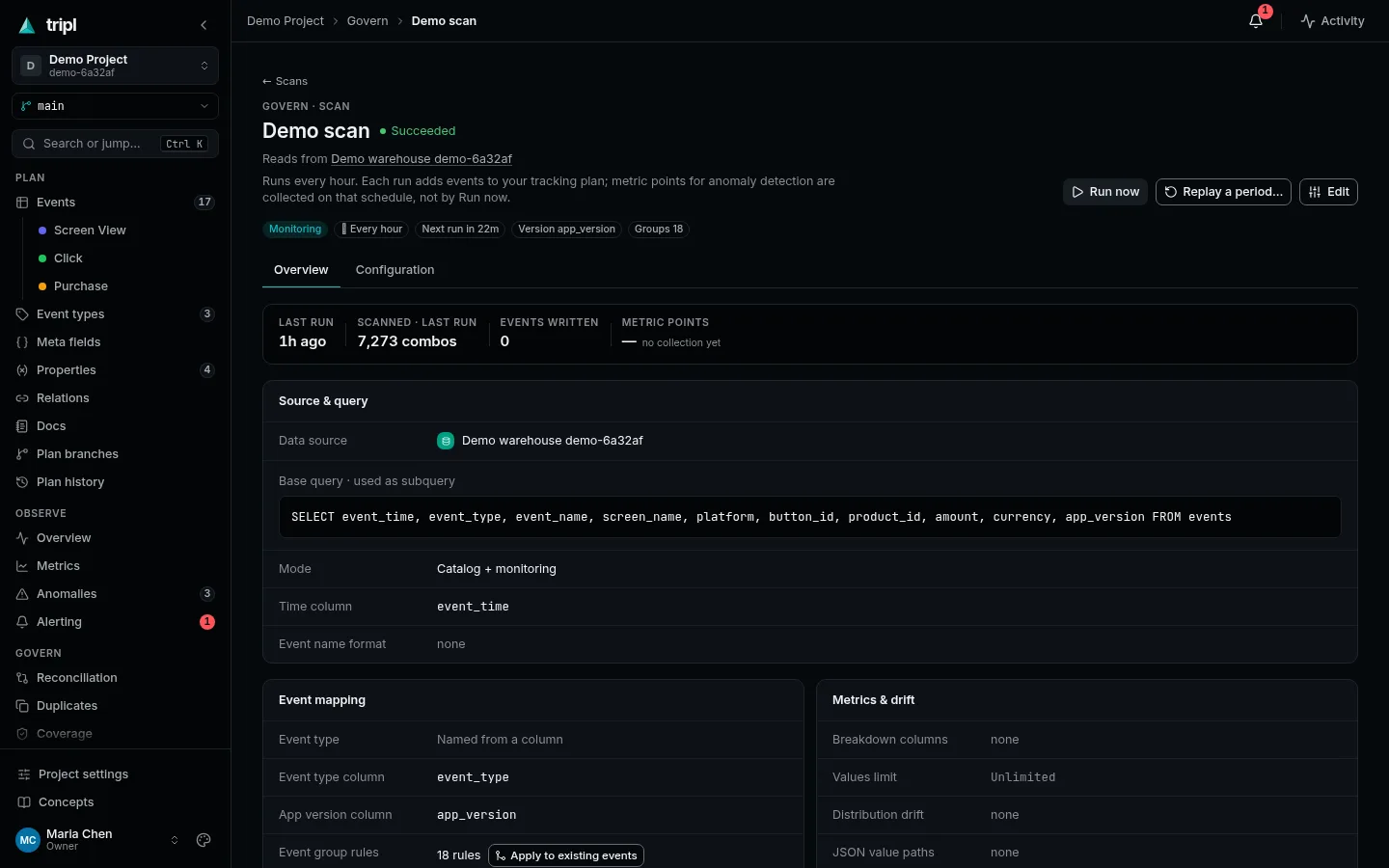 A scan's page: its status, schedule, Run now, and what it reads