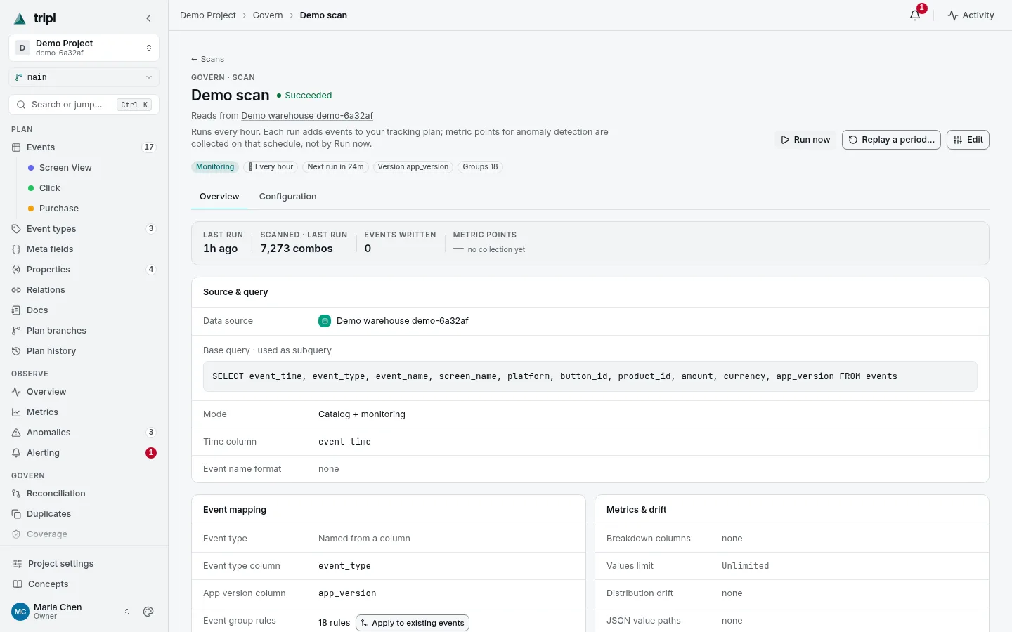 A scan's page: its status, schedule, Run now, and what it reads
