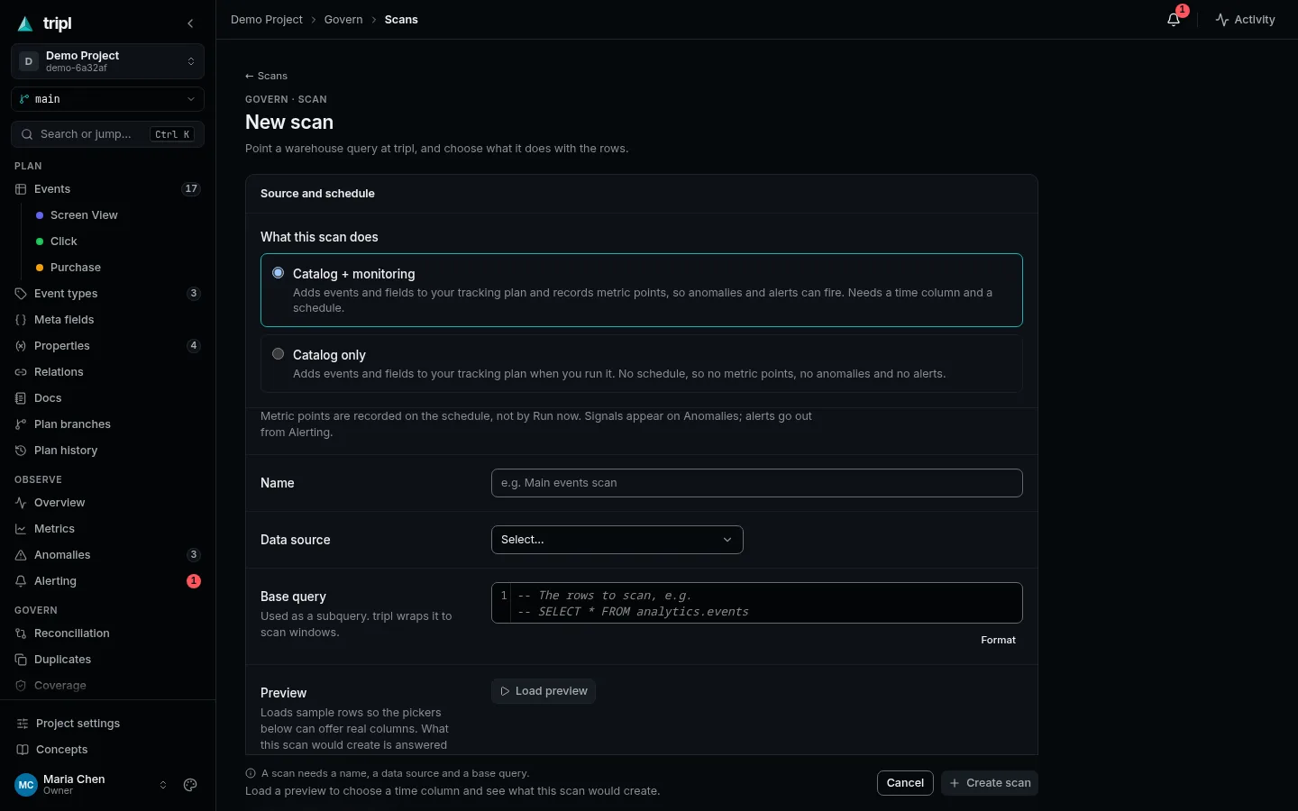 The New scan form: what the scan does, its data source, the base query and the preview