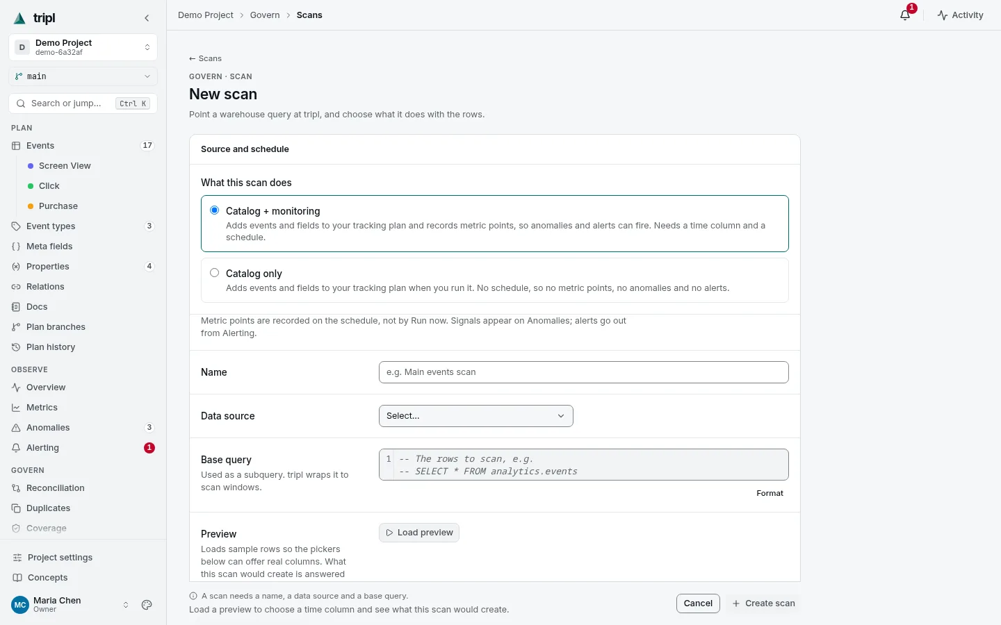 The New scan form: what the scan does, its data source, the base query and the preview