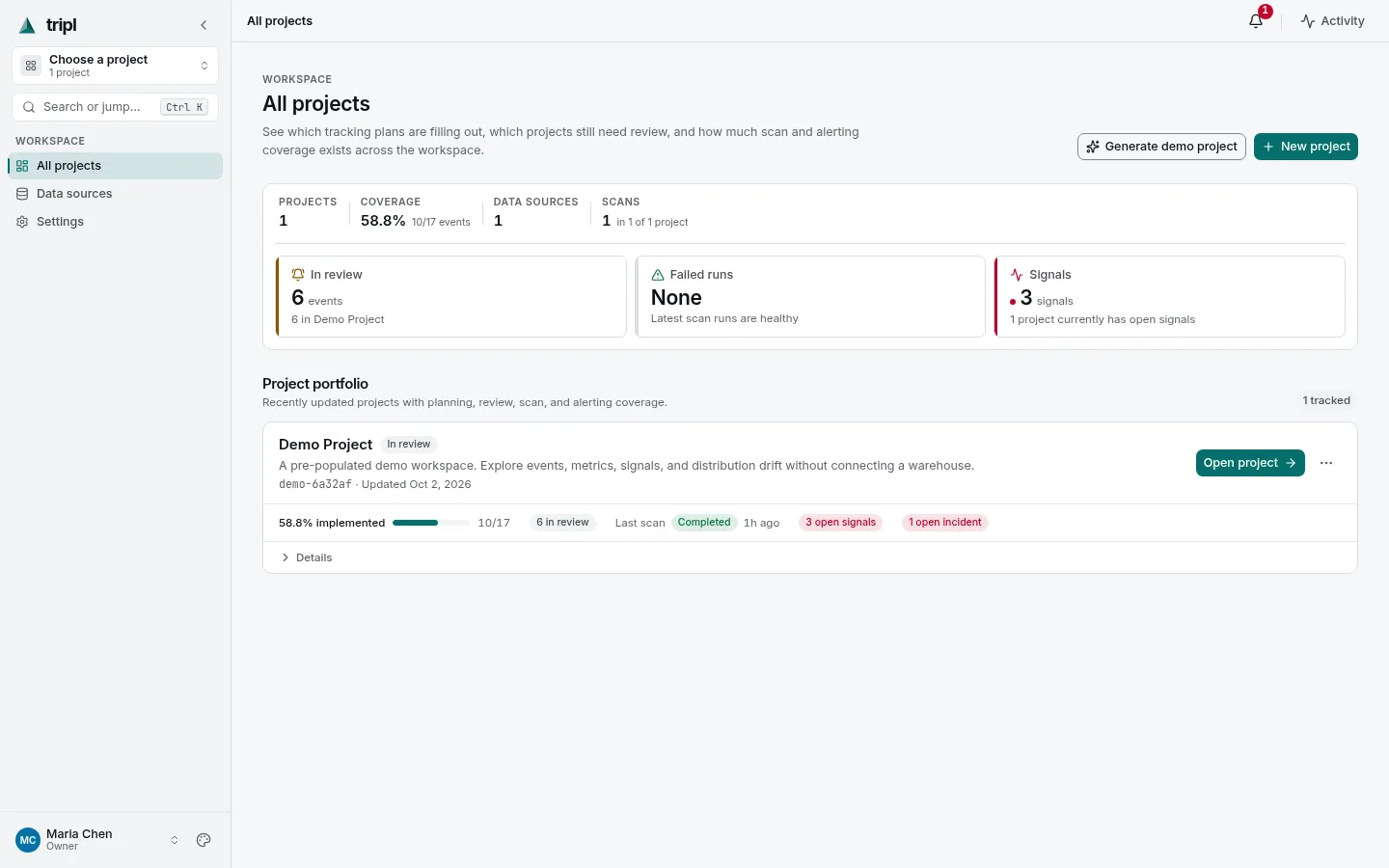 All projects, with Generate demo project and New project at the top right